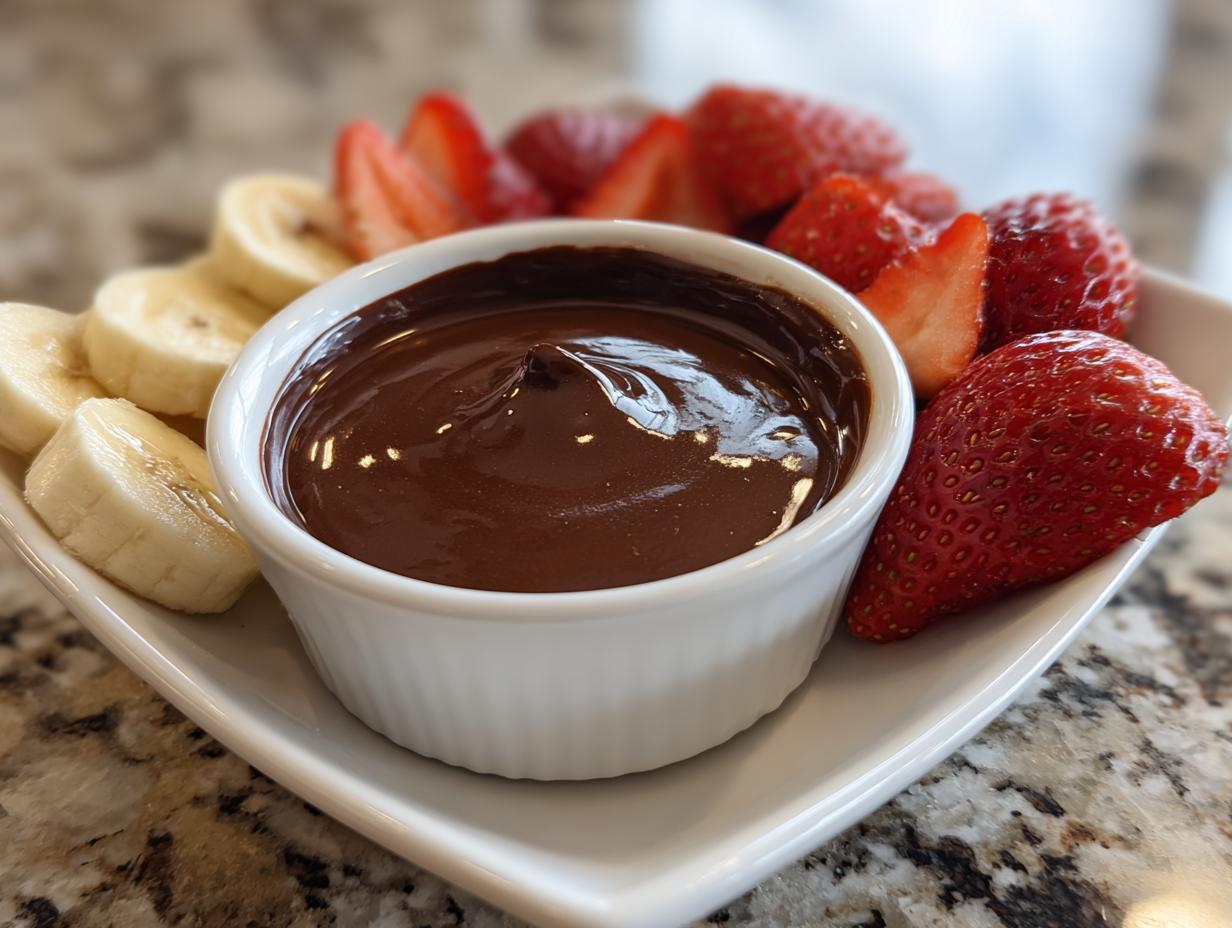 Bowl of creamy chocolate fruit dip surrounded by fresh sliced bananas and strawberries on a white plate.