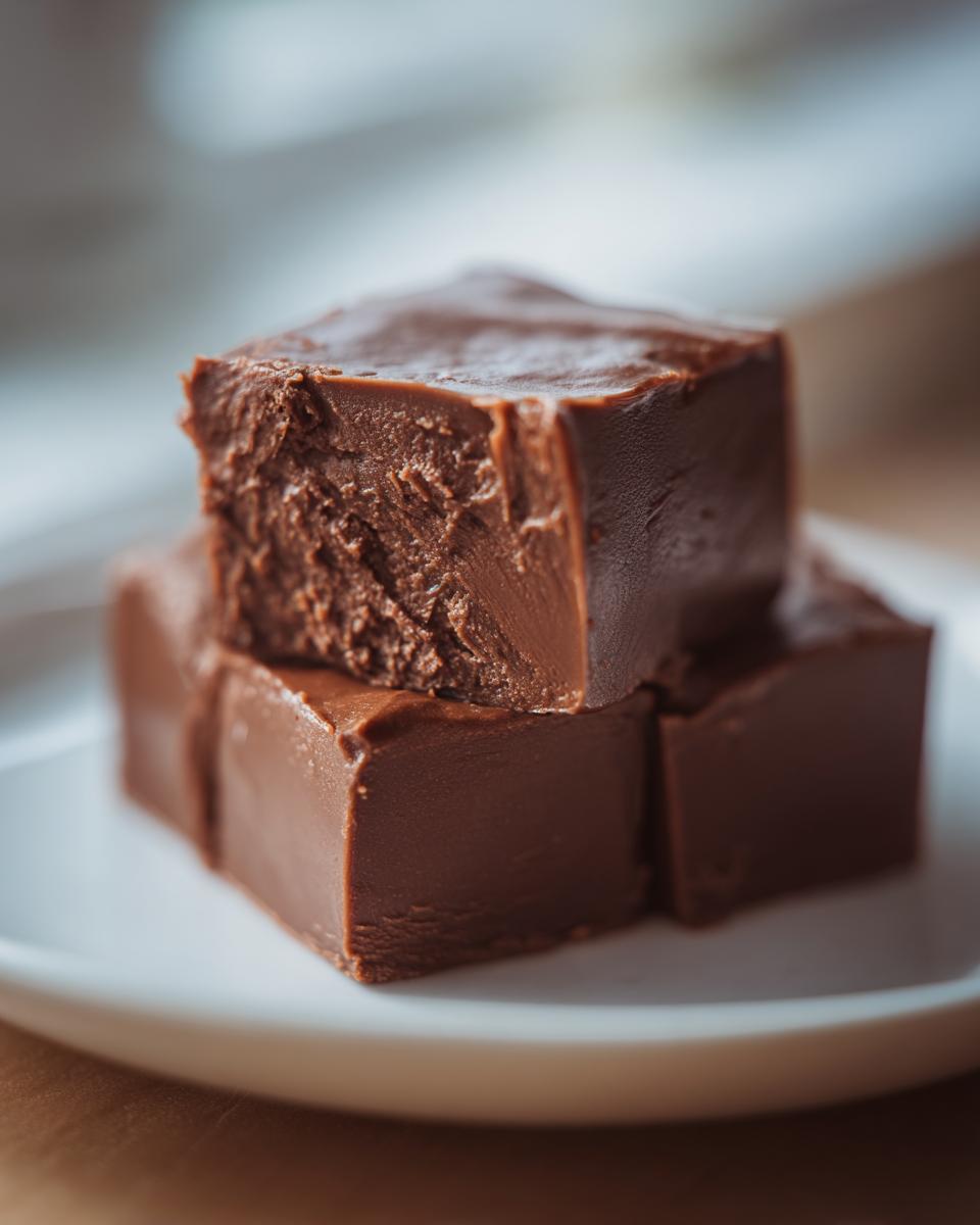 Close-up of three smooth, creamy chocolate fudge recipe cubes stacked on a white plate.