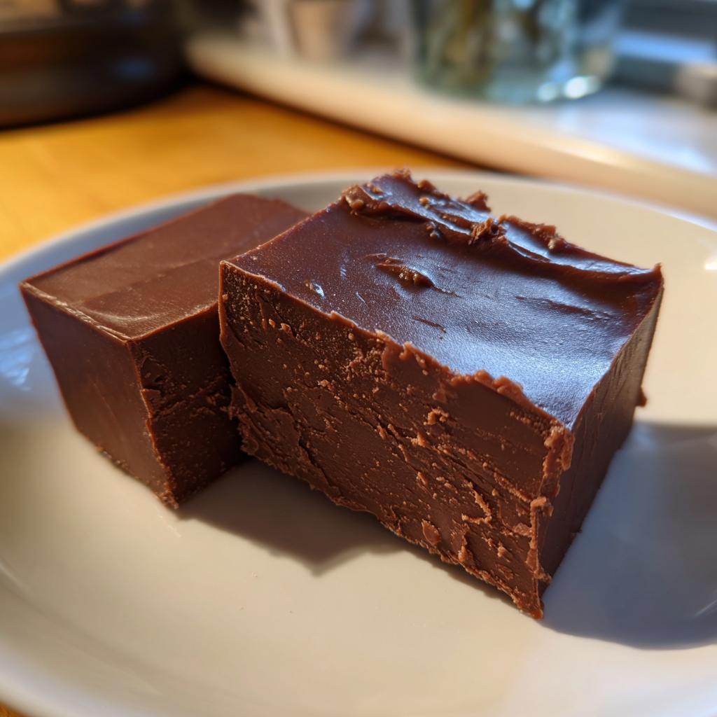 Two thick pieces of rich chocolate fudge recipe on a white plate.