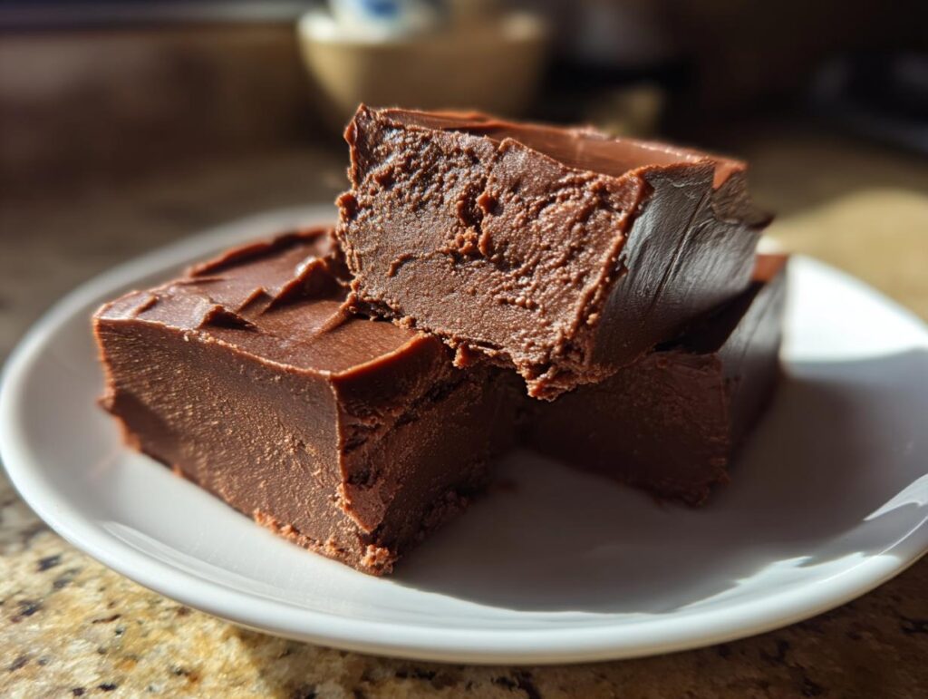Close-up of three thick pieces of chocolate fudge recipe stacked on a white plate.