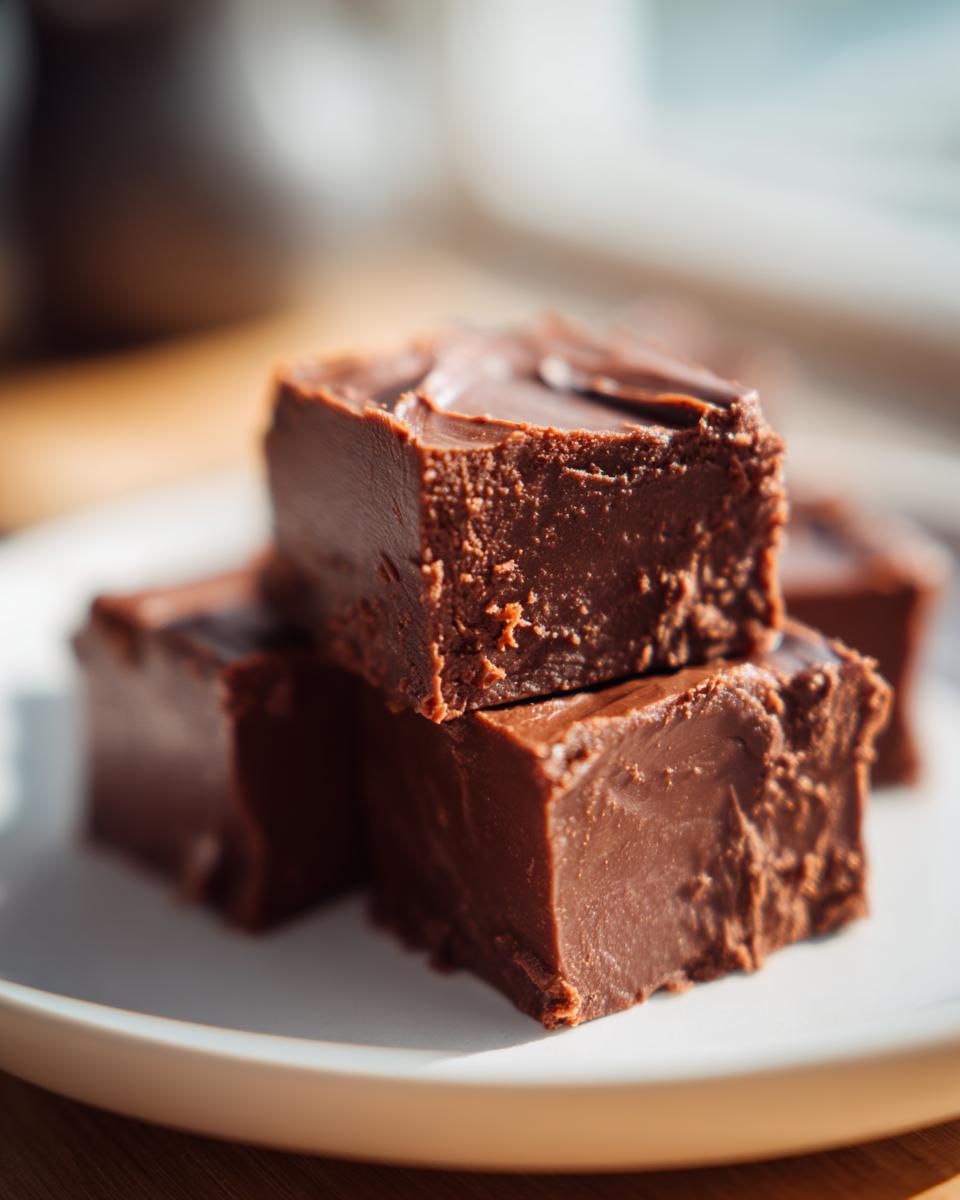 Close-up of rich chocolate fudge recipe pieces stacked on a white plate.