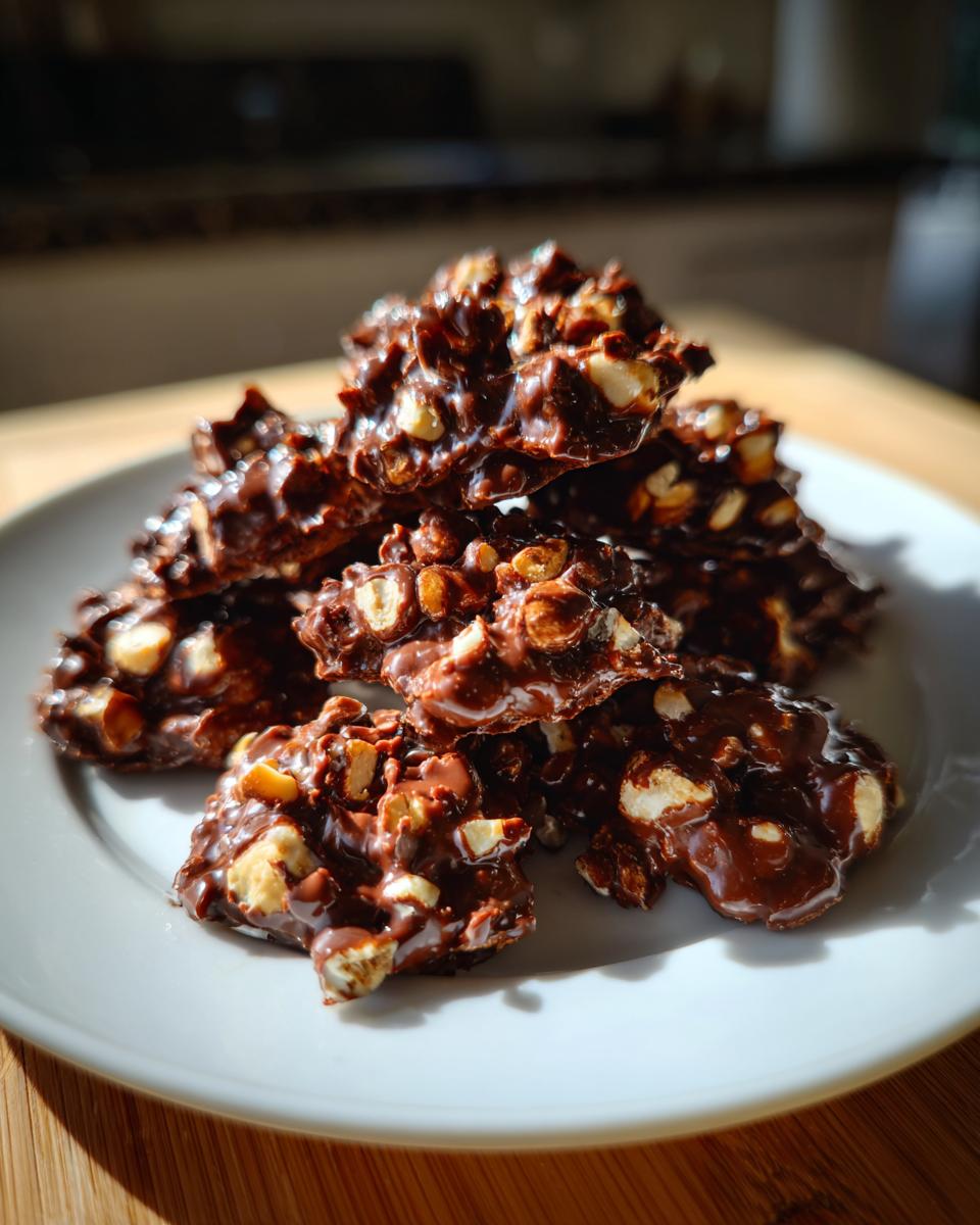 Close-up of chocolate hazelnut desserts stacked on a white plate with nuts visible