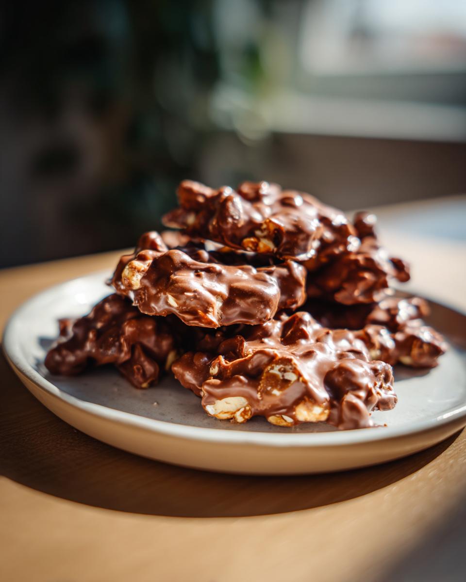Plate stacked with chocolate hazelnut desserts clusters in natural light