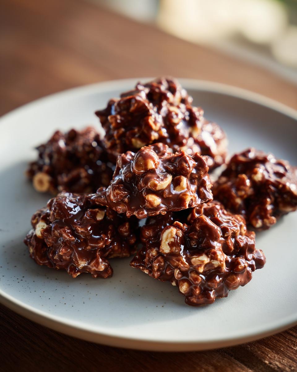 Close-up of glossy chocolate hazelnut desserts clusters on a white plate.
