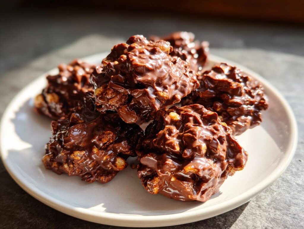 Close-up of chocolate hazelnut desserts piled on a white plate with glossy chocolate coating.