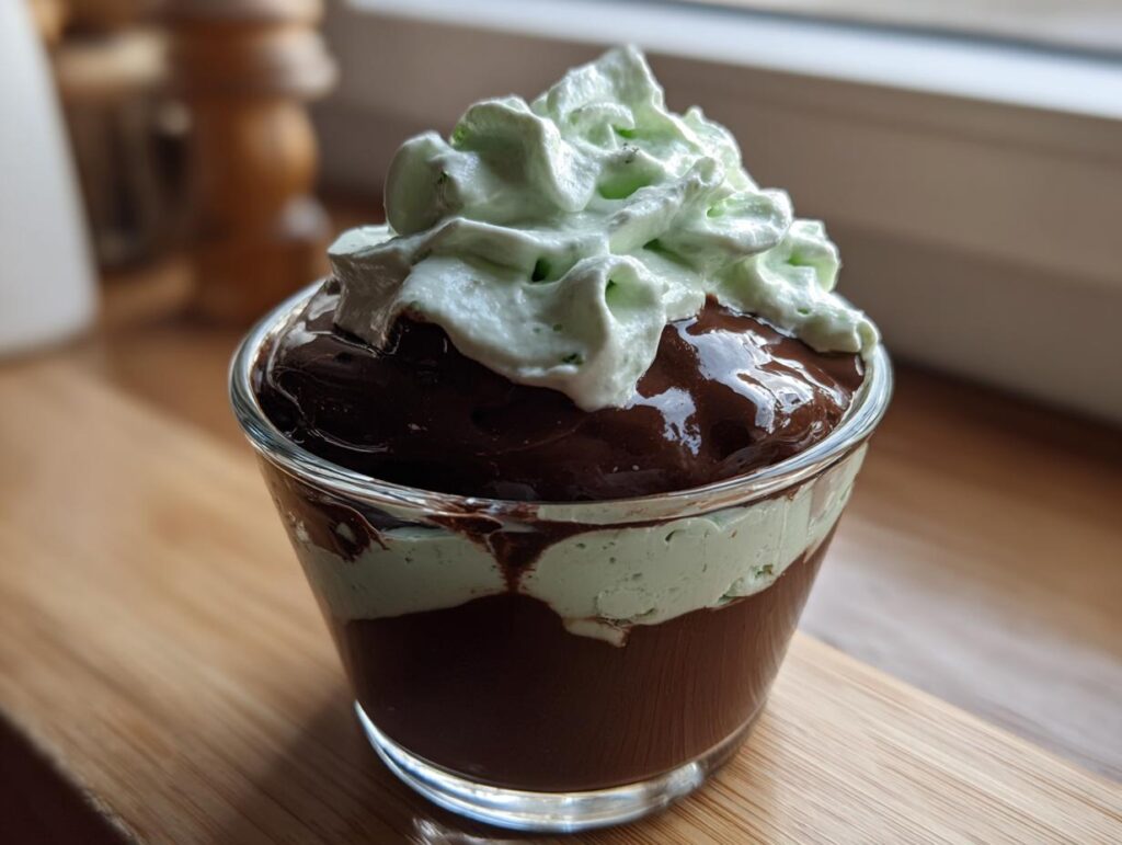 Glass cup filled with layered chocolate mint dessert topped with green whipped cream.