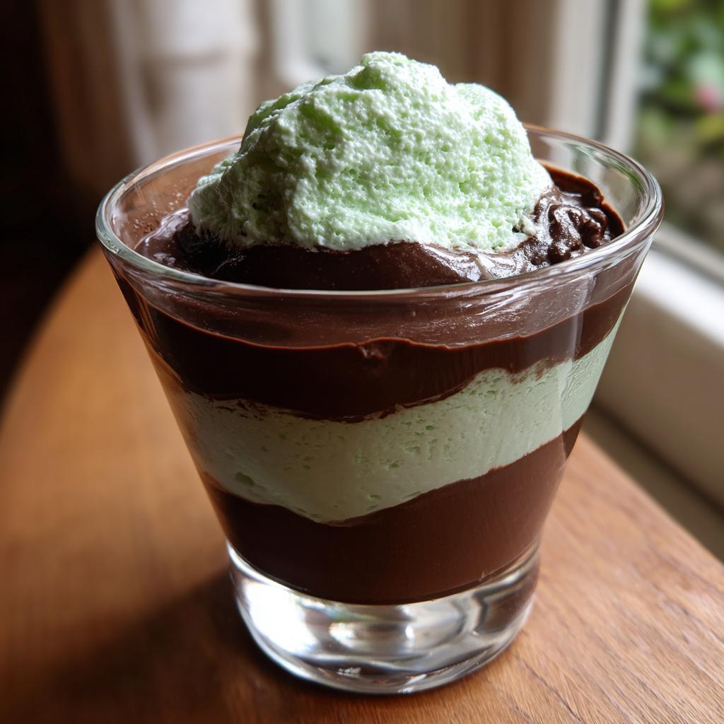 Glass dessert with layers of chocolate and mint cream topped with green whipped cream