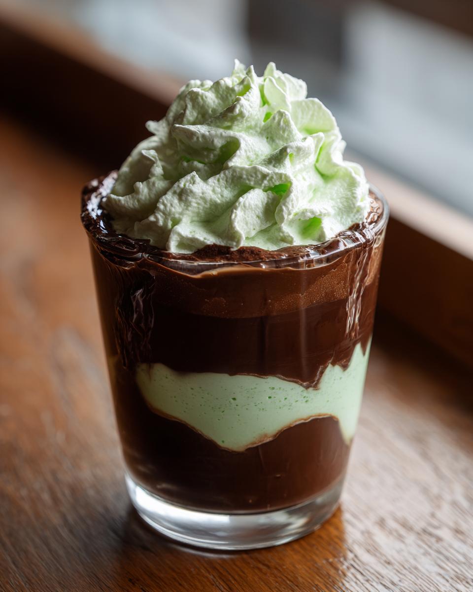 Glass filled with layered chocolate mint dessert topped with green whipped cream.