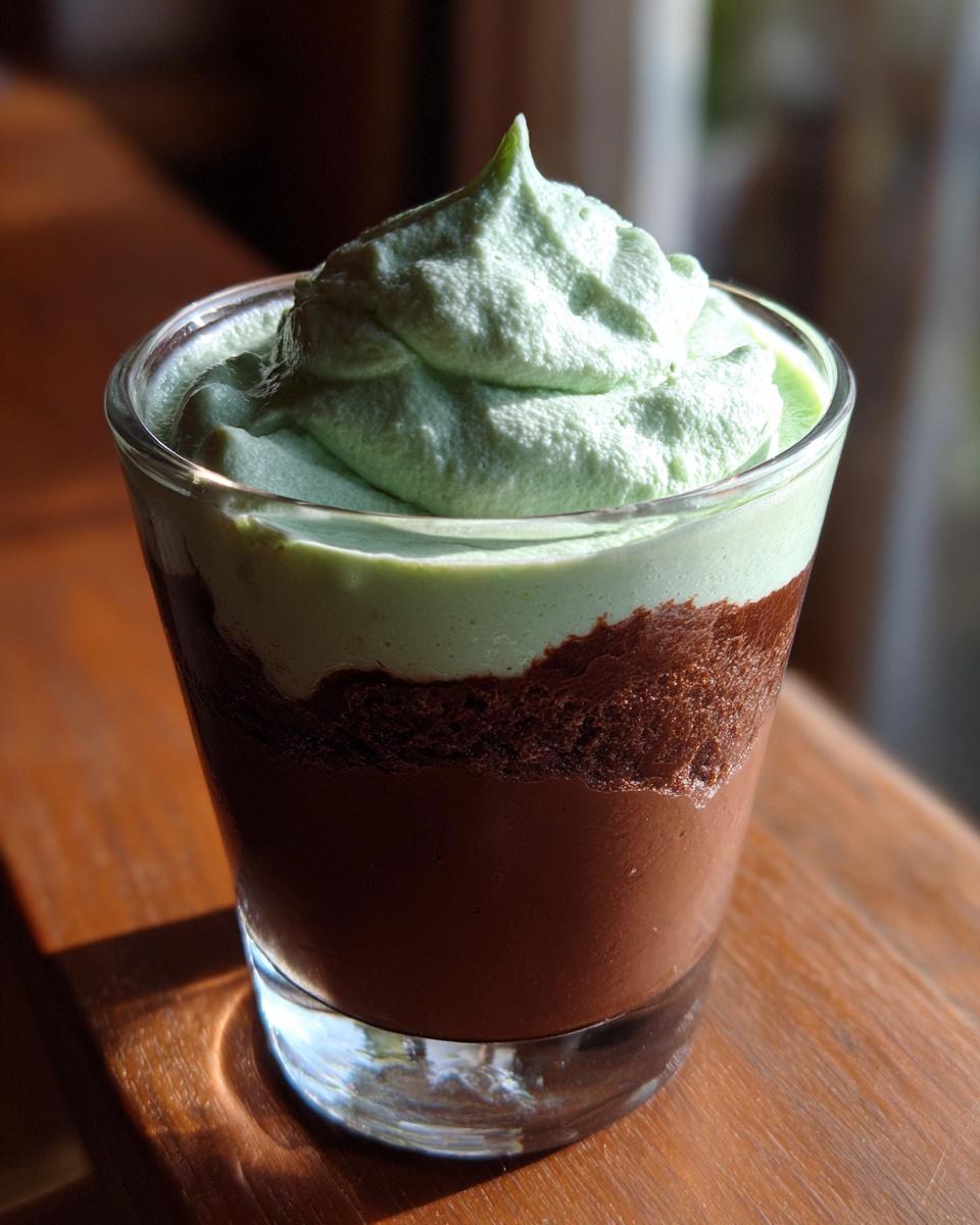 Glass filled with layered chocolate mint dessert topped with green whipped cream.