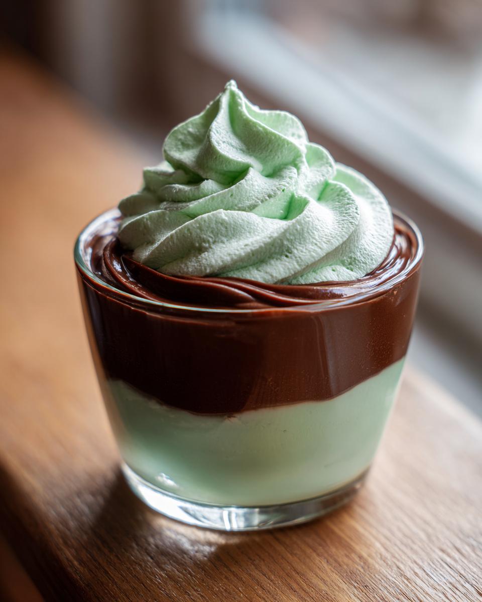 Glass cup with layered chocolate mint dessert topped with green whipped cream swirl.