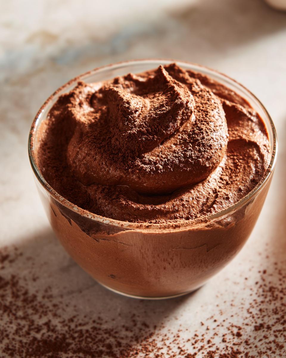 Close-up of creamy chocolate mousse in a glass sprinkled with cocoa powder