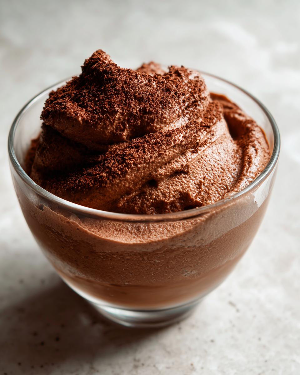 Glass cup filled with creamy chocolate mousse topped with cocoa powder