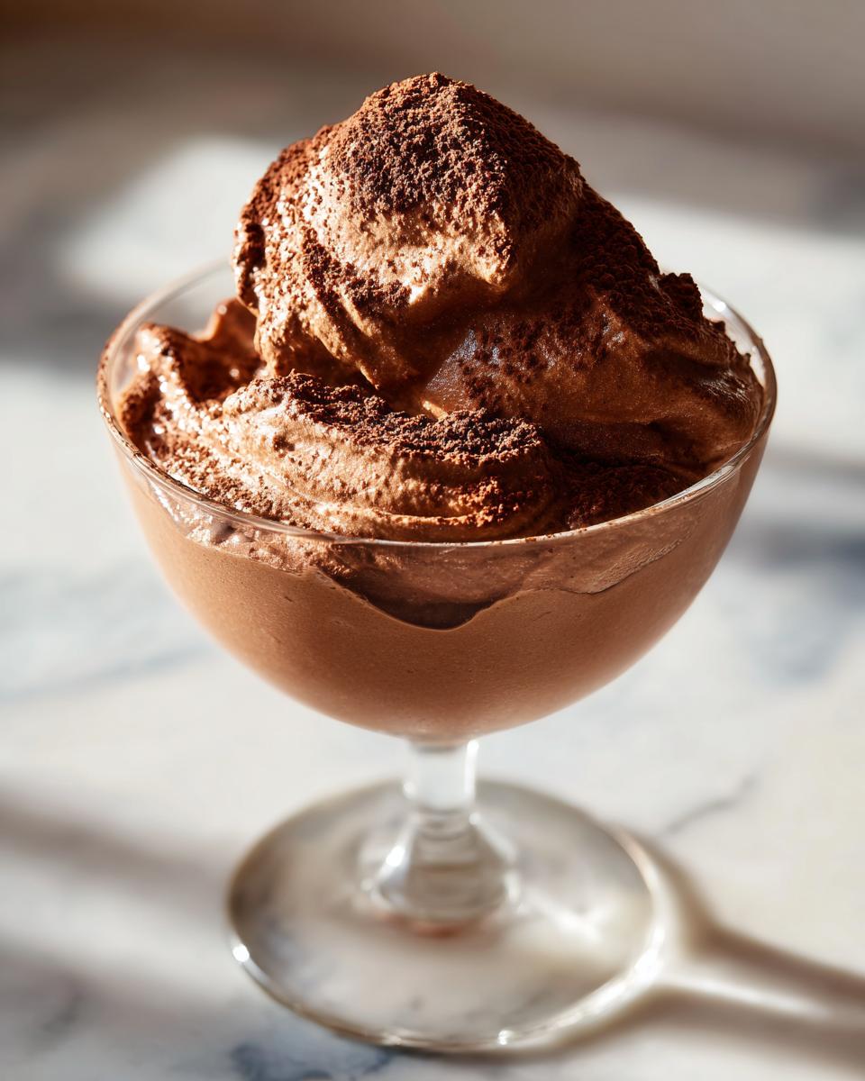 Glass cup filled with rich chocolate mousse topped with cocoa powder, a perfect 15 minute dessert recipes treat.