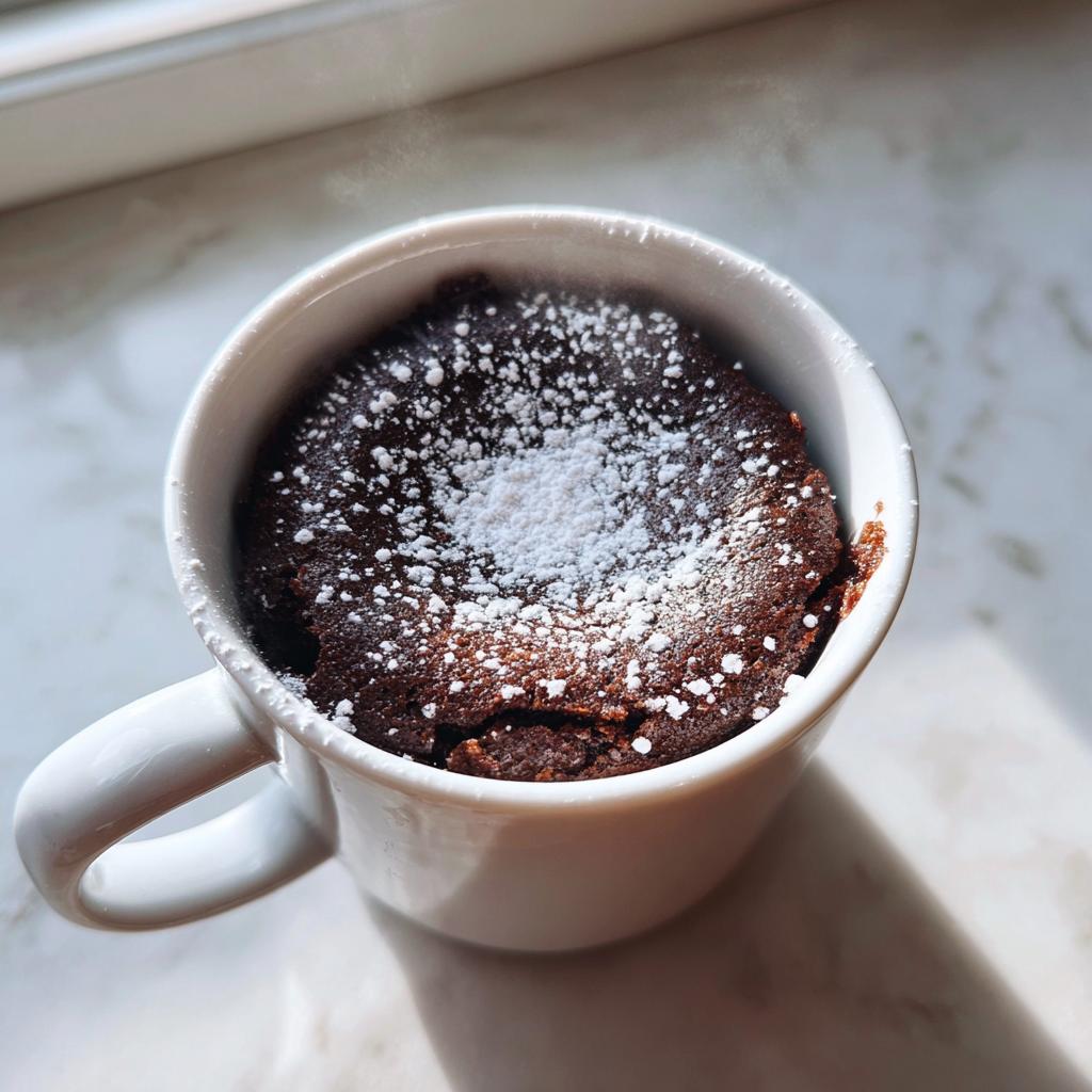 Steaming chocolate mug cake topped with powdered sugar in a white mug on a marble surface.