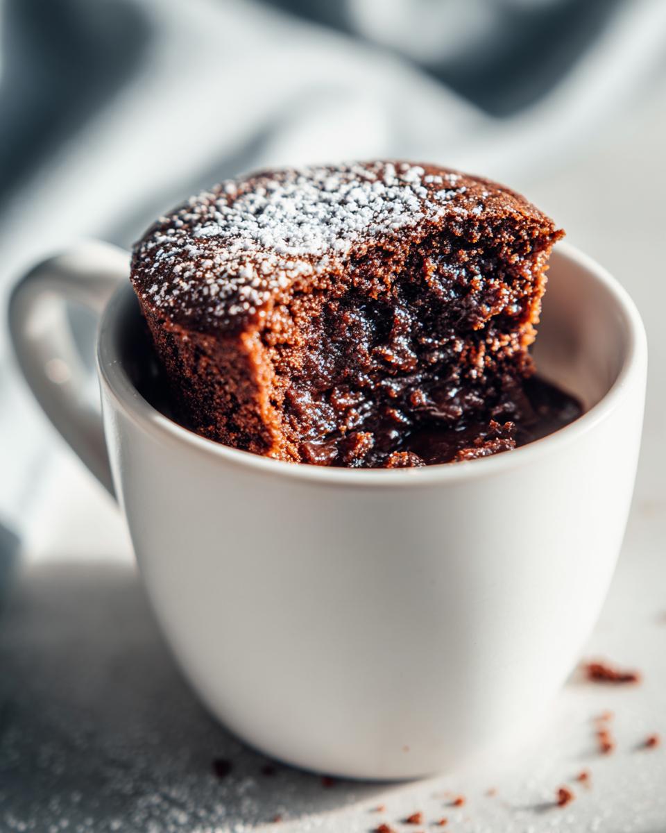 Close-up of a chocolate mug cake with powdered sugar in a white mug, showcasing moist texture