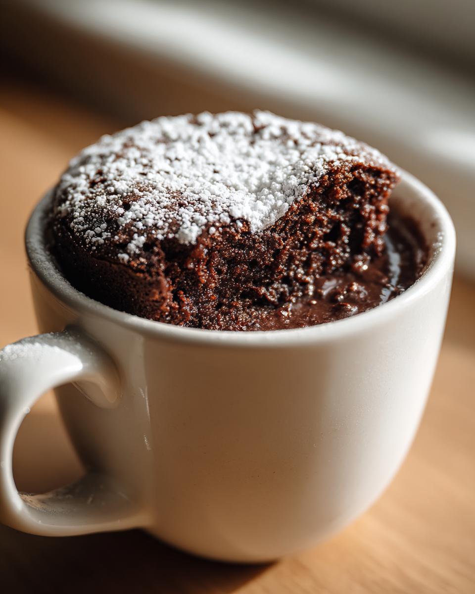 Close-up of a chocolate mug cake dusted with powdered sugar in a white mug.