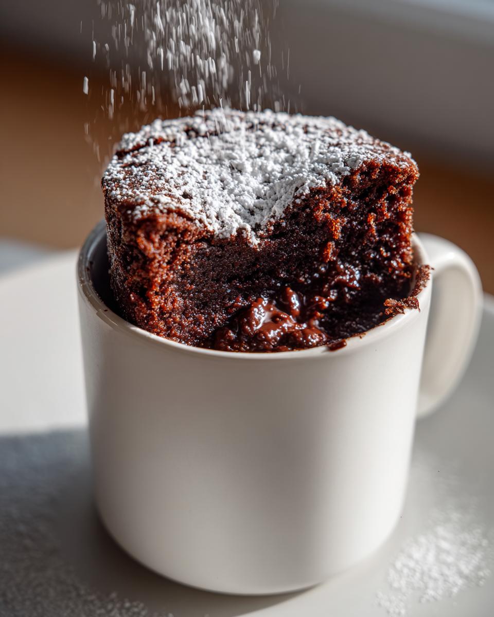 Close-up of a chocolate mug cake topped with powdered sugar in a white mug.