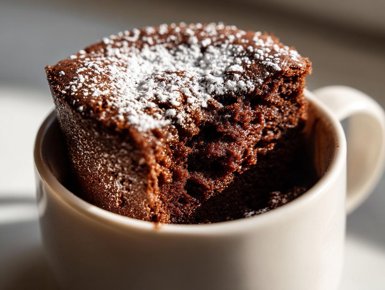 Close-up of a chocolate mug cake topped with powdered sugar in a white mug, easy dessert recipes