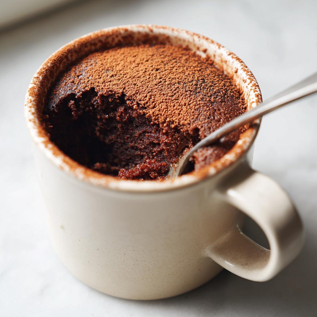 Close-up of a chocolate mug cake with cocoa powder on top and a spoon inside the mug.