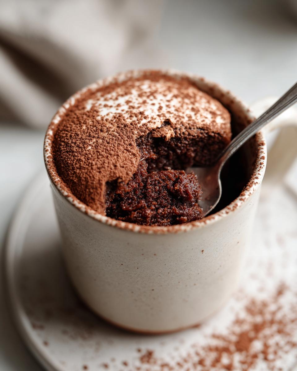 Close-up of a chocolate mug cake with cocoa powder topping and a spoon inside the mug, quick dessert recipes.