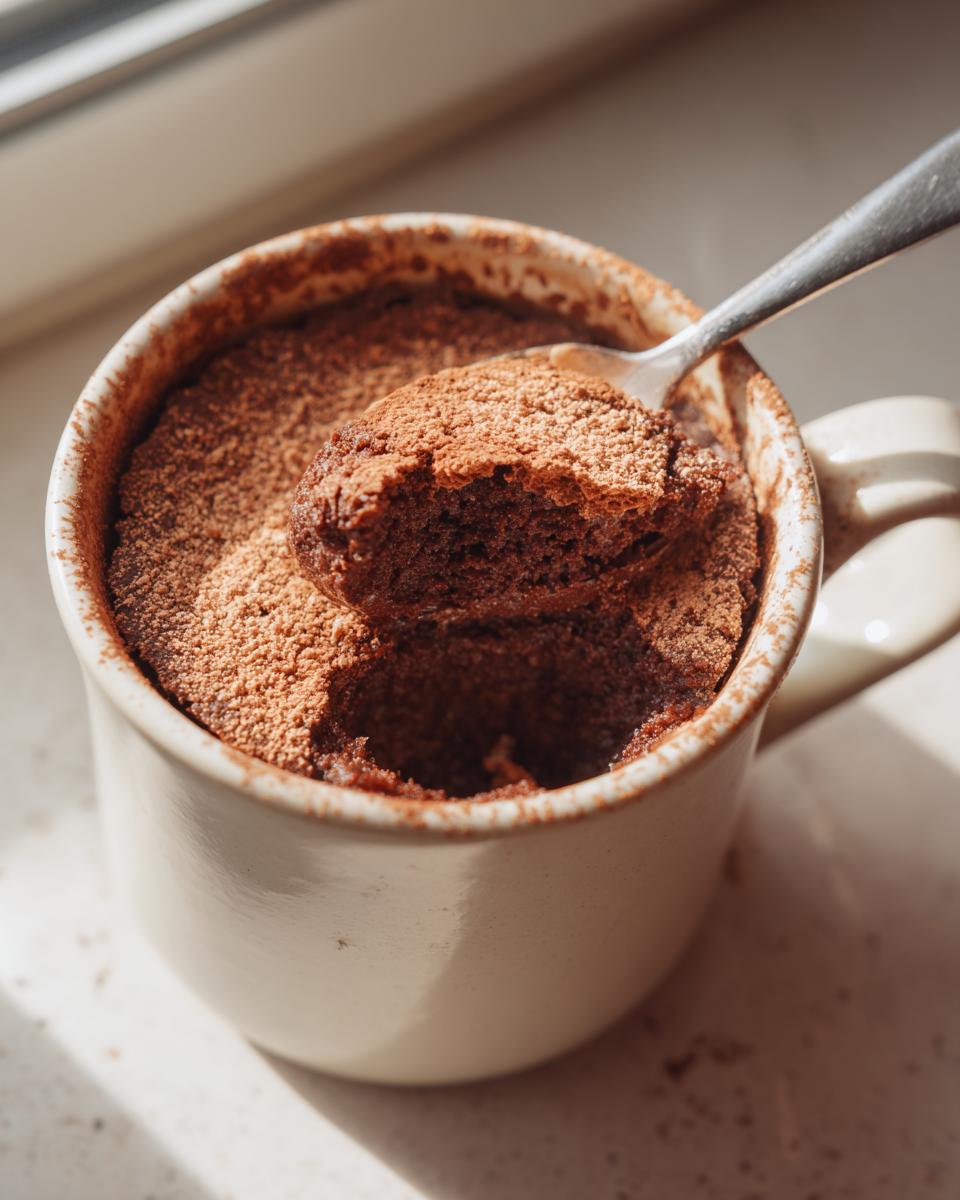 Chocolate mug cake in a white mug with a spoon scooping a bite, showcasing quick dessert recipes