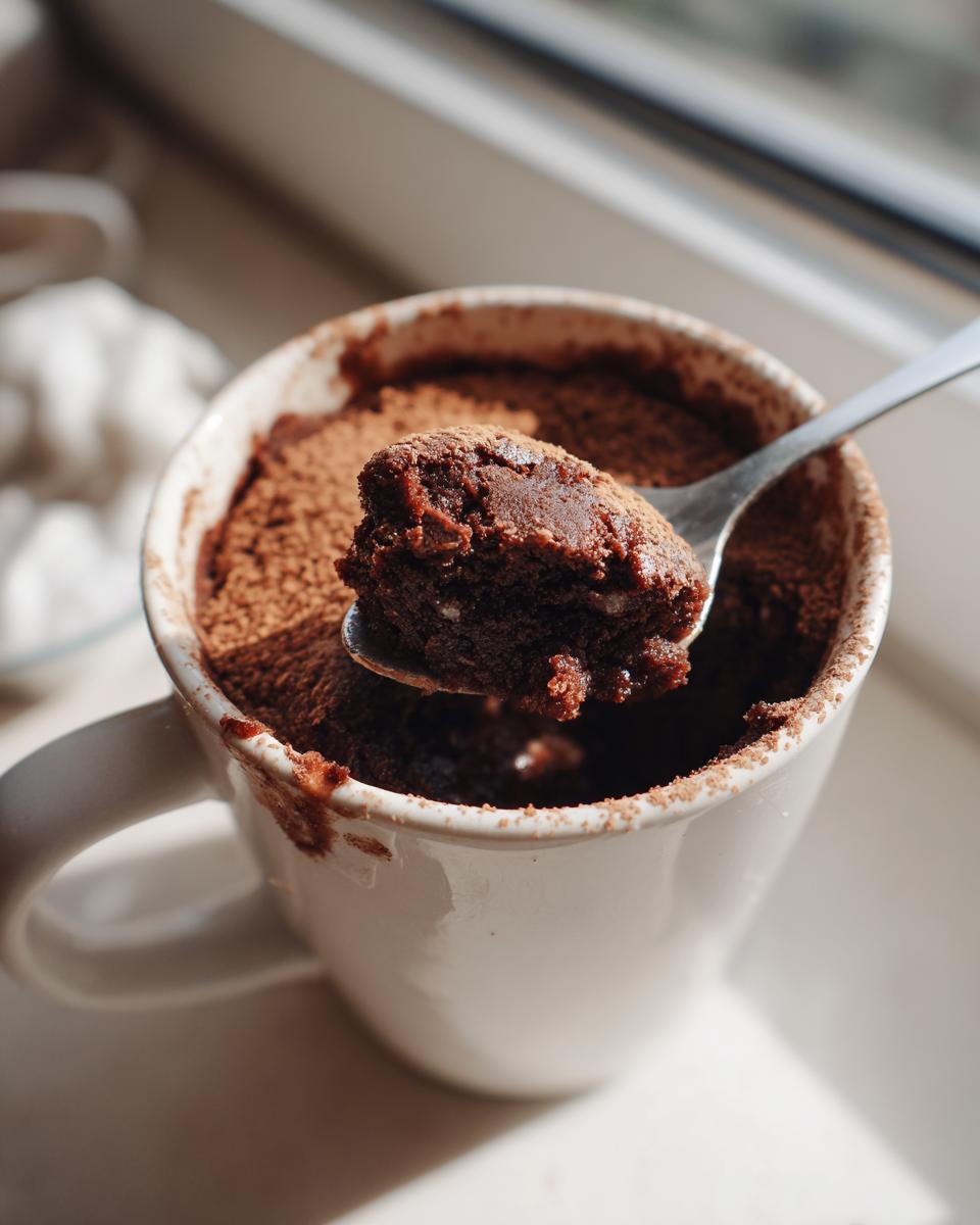 Close-up of a chocolate mug cake with a spoonful lifted, showcasing moist texture for quick dessert recipes.