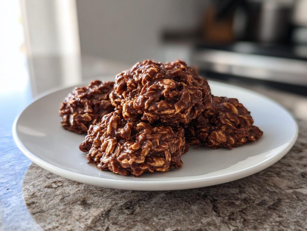 Close-up of chocolate no bake cookie recipes stacked on a white plate.
