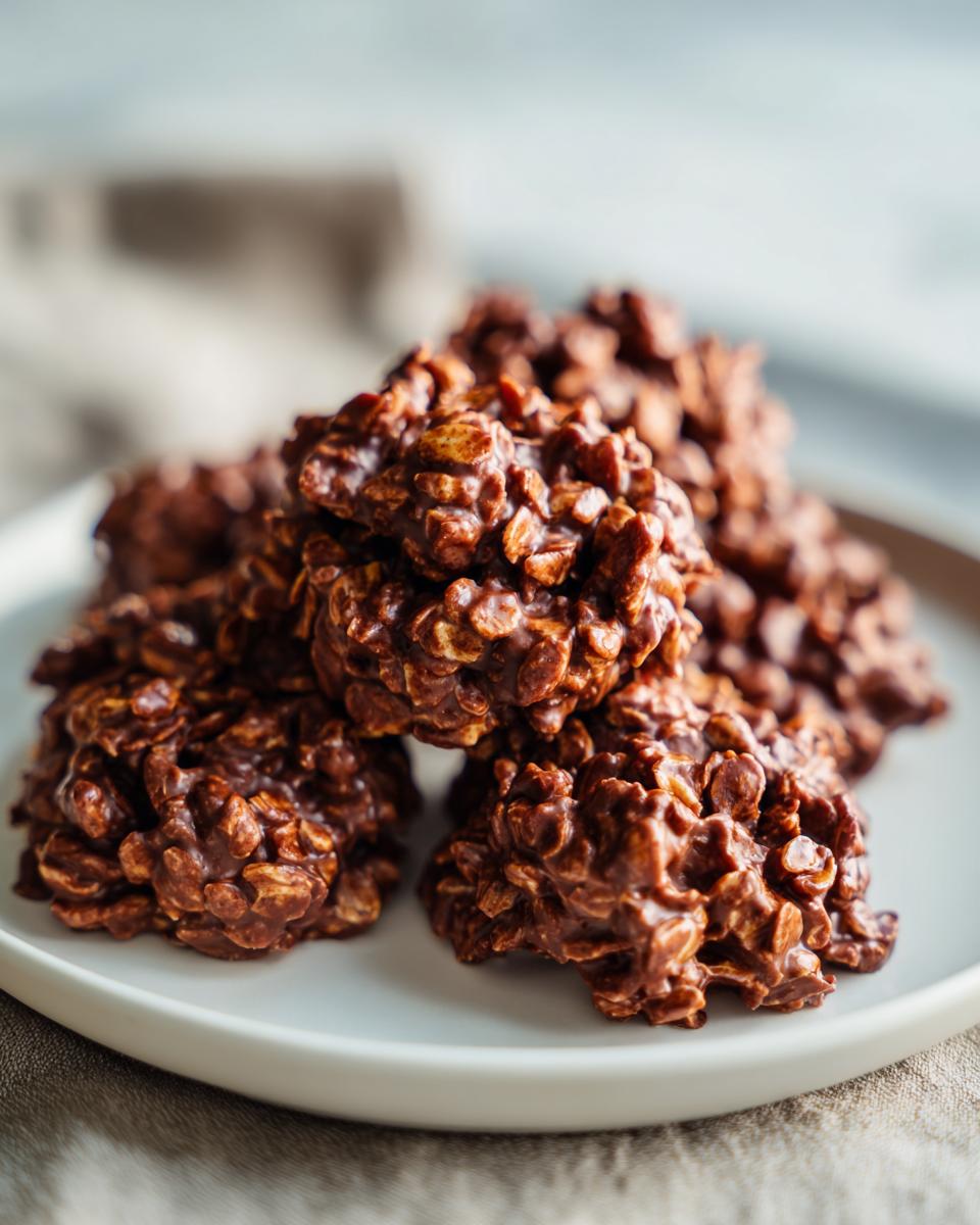 Close-up of chocolate no bake cookie recipes made with oats on a white plate.