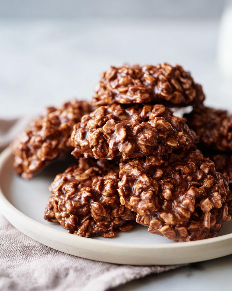 Close-up of chocolate no bake cookie recipes stacked on a white plate.