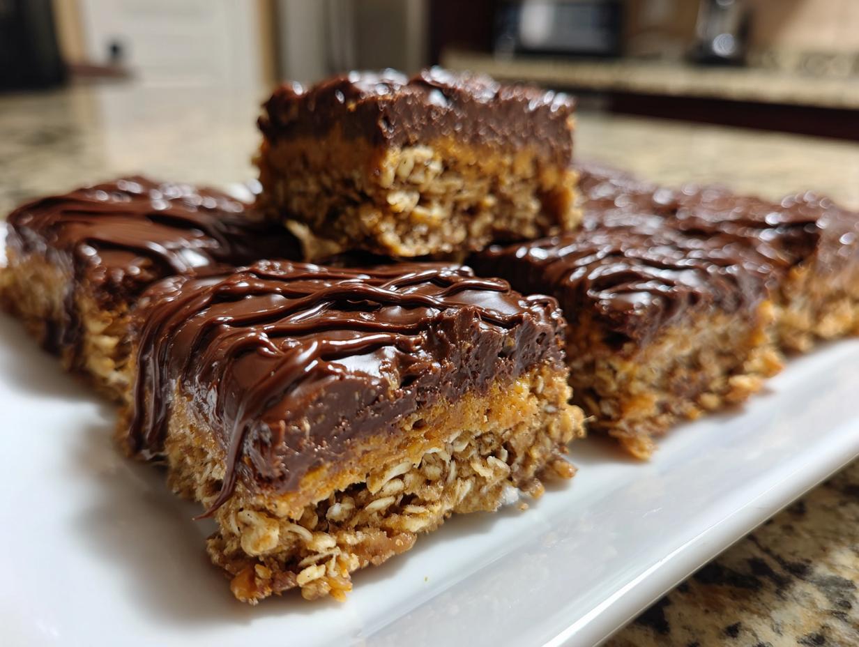 Close-up of no bake dessert recipes chocolate bars with oats and drizzled chocolate topping