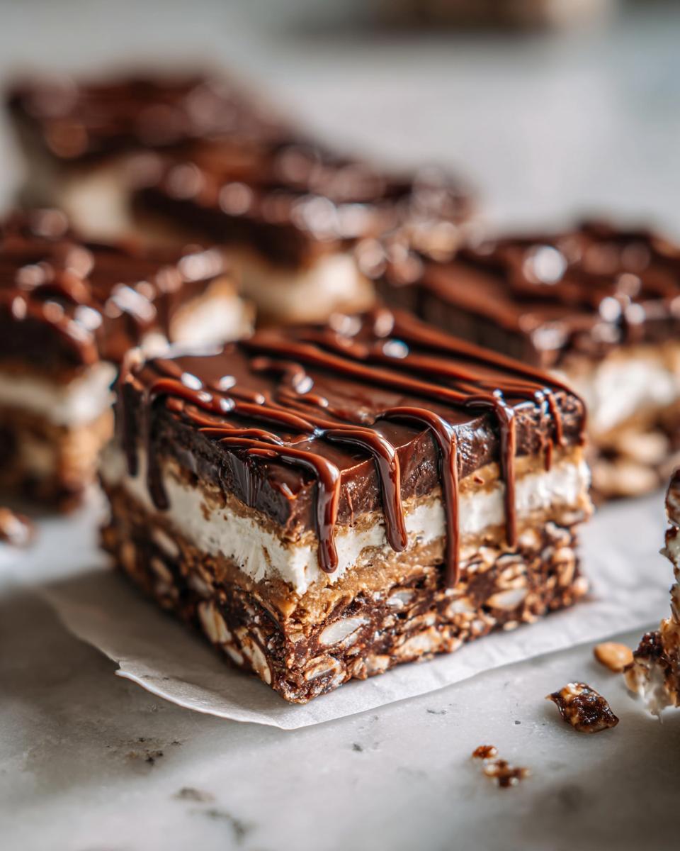 Close-up of a chocolate no bake dessert square topped with chocolate drizzle and layered with cream and nuts.