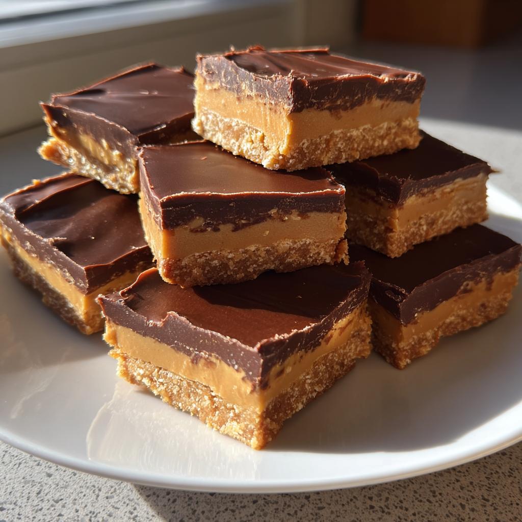Stack of chocolate peanut butter desserts with layered crust, peanut butter, and chocolate topping.