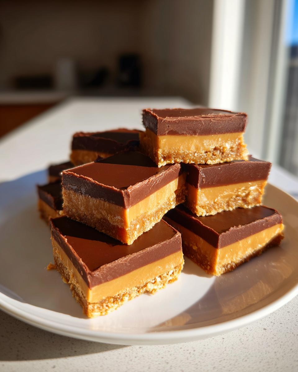 Close-up of stacked chocolate peanut butter desserts with three distinct layers on a white plate.