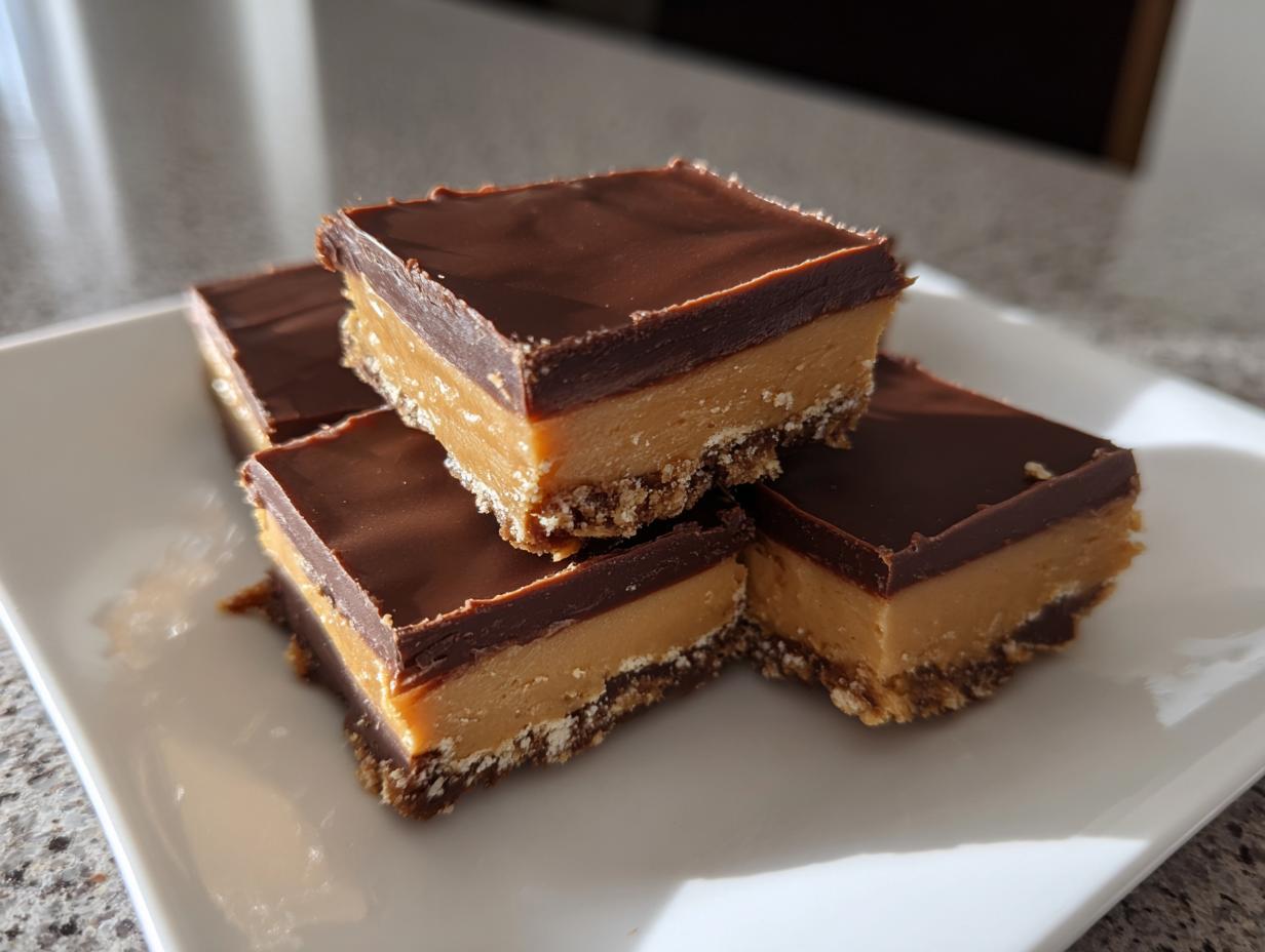 Stack of chocolate peanut butter desserts with layered chocolate, peanut butter, and crust.