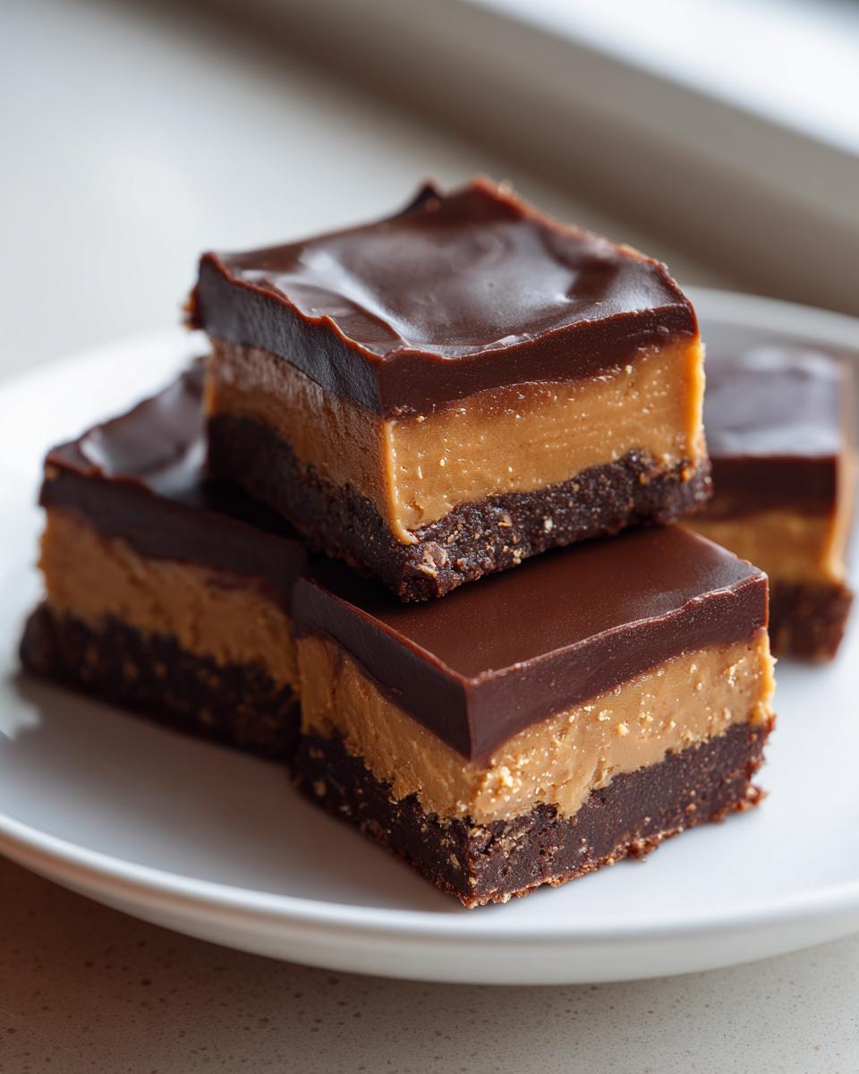 Close-up of chocolate peanut butter desserts with three layered squares on a white plate.