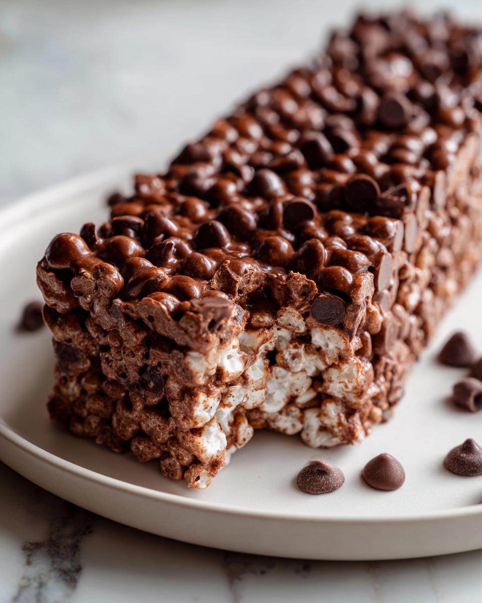 Close-up of chocolate rice krispie treats bar with chocolate chips on a white plate