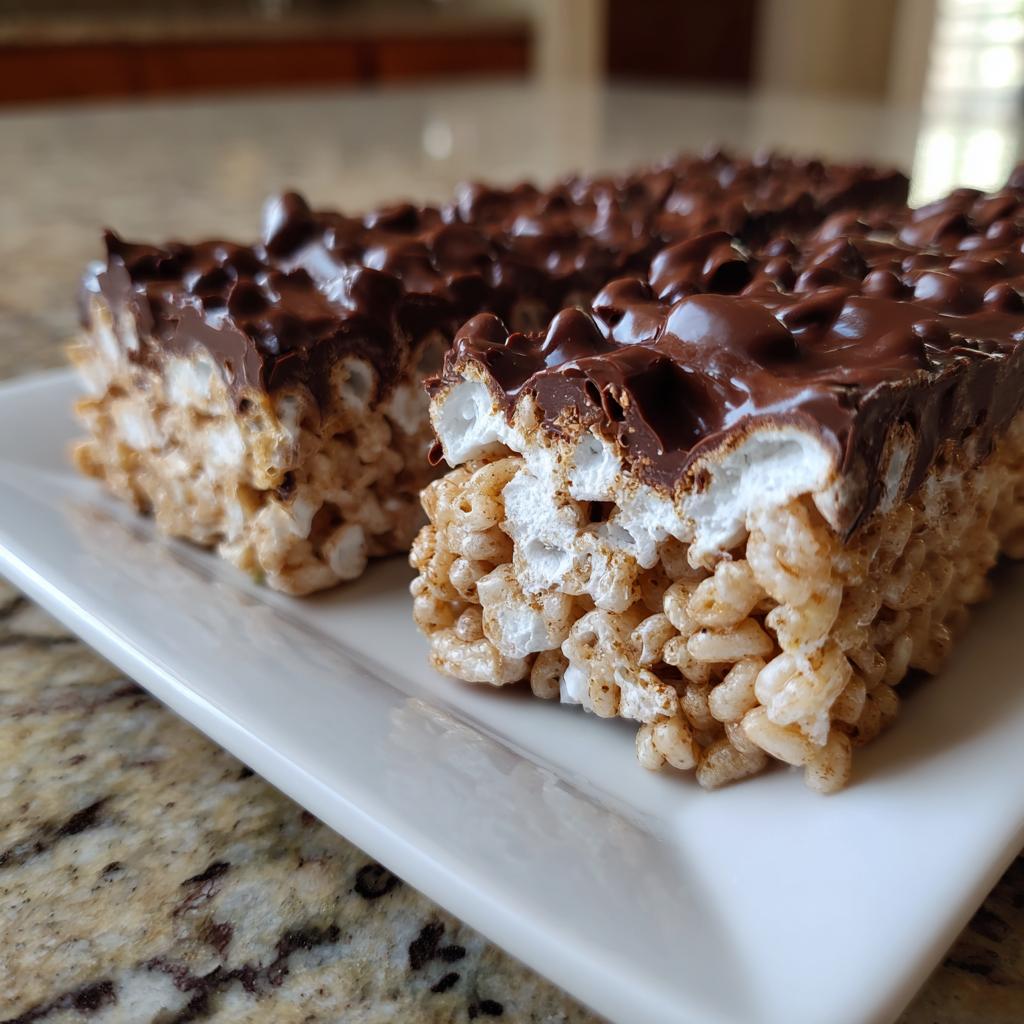 Two chocolate rice krispie treats with melted chocolate topping on a white plate.
