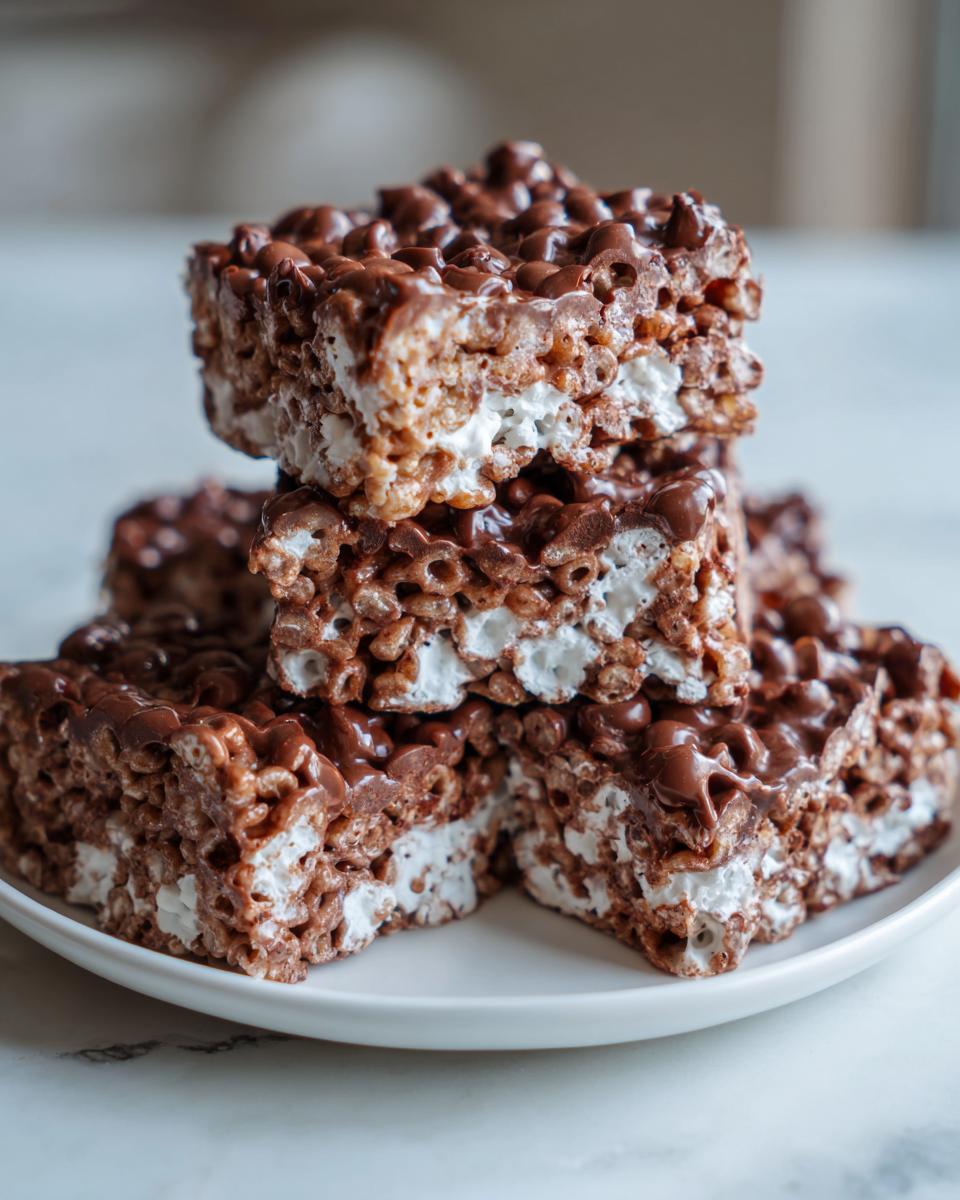 Close-up of chocolate rice krispie treats stacked on a white plate with melted chocolate topping.