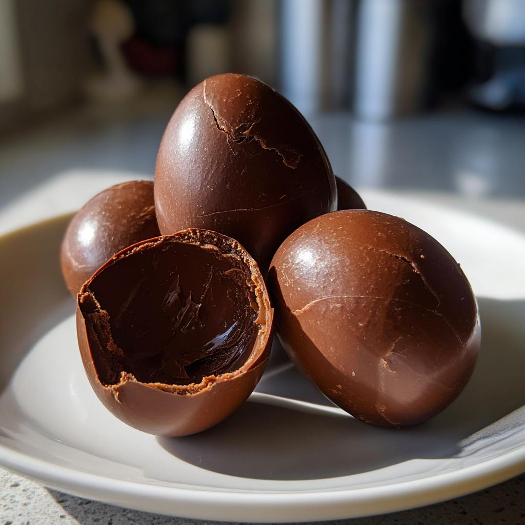 Plate with several smooth chocolate smash eggs, one cracked open showing creamy filling