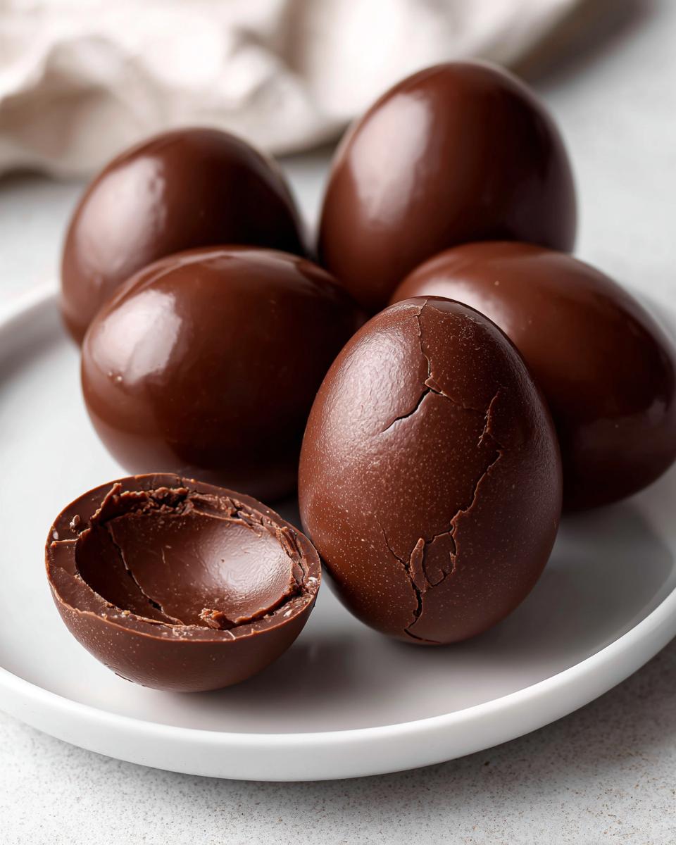 Glossy chocolate smash eggs recipe displayed on a white plate with one cracked open.