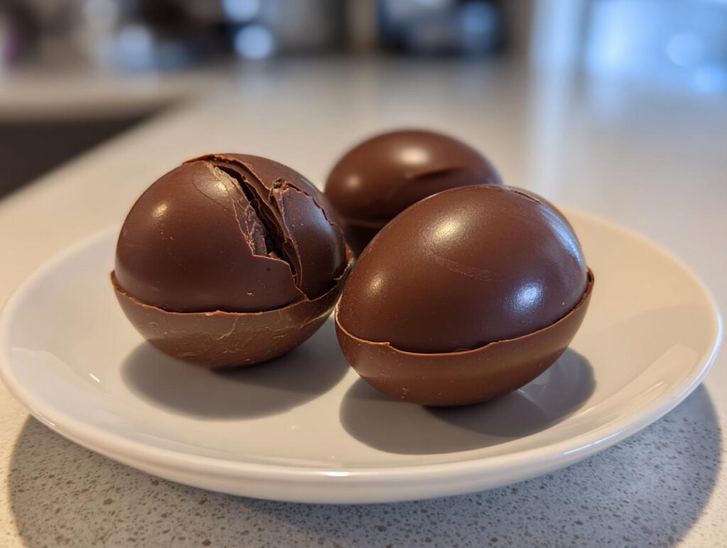 Three chocolate smash eggs on a white plate, one cracked open.