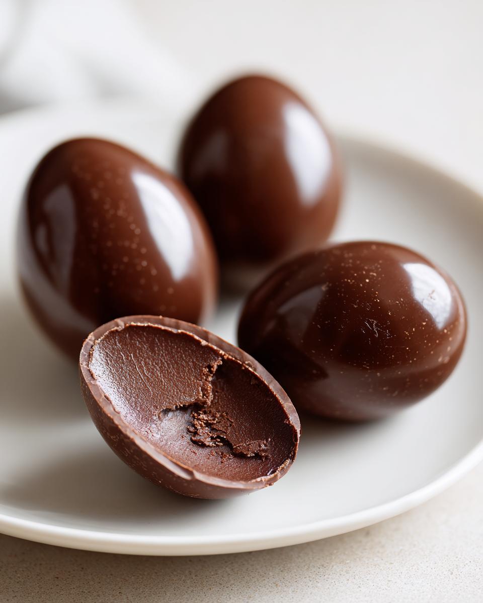 Four glossy chocolate smash eggs on a white plate, one cracked open showing smooth inside