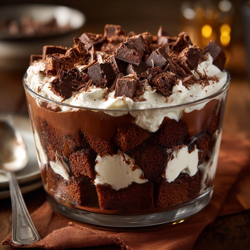 Close-up of a chocolate trifle recipe with layers of cake, cream, and chocolate chunks in a glass bowl.