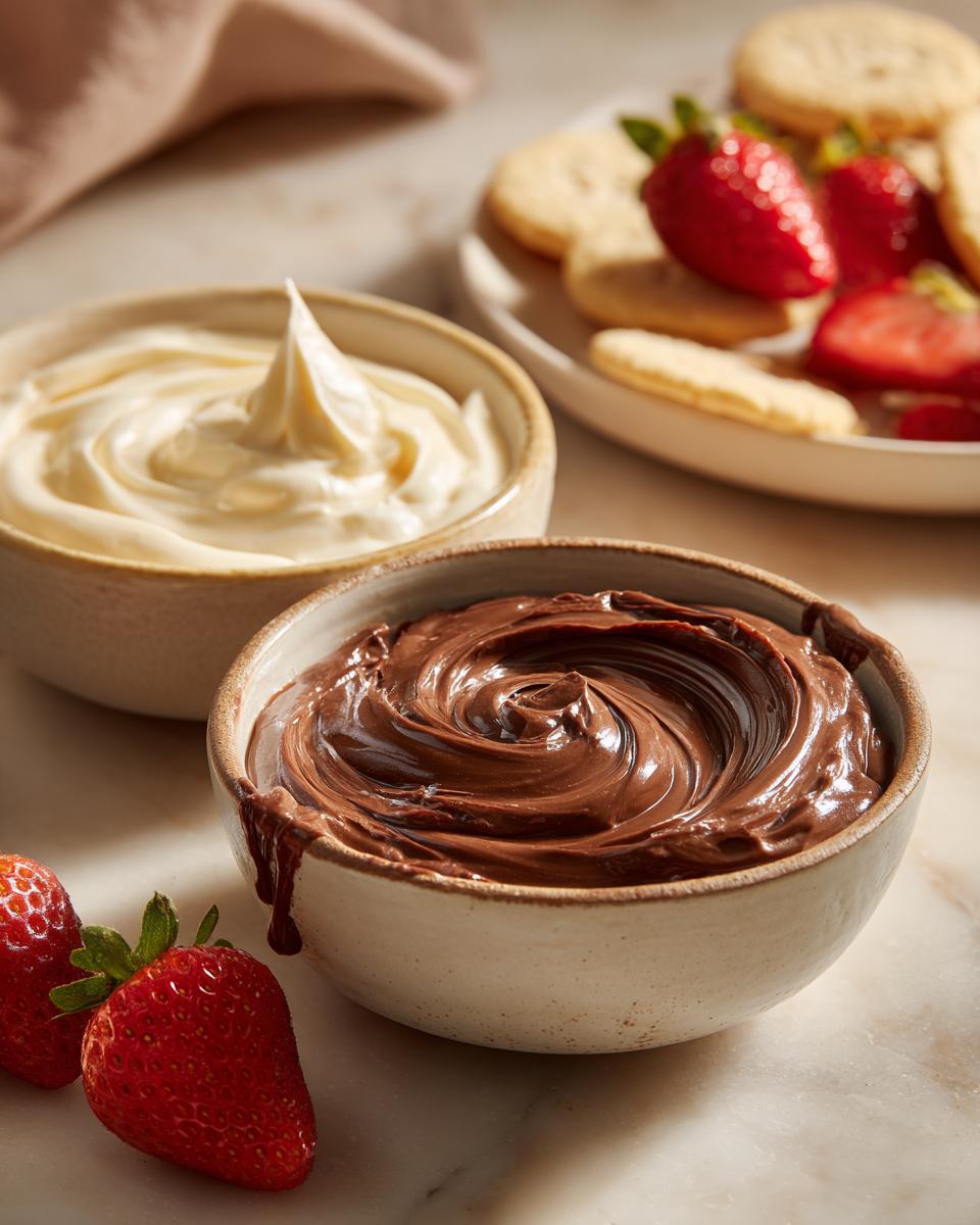 Two bowls of easy dessert dips with creamy chocolate and vanilla, fresh strawberries and cookies nearby