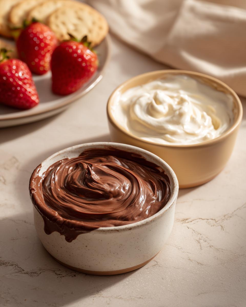 Two bowls of easy dessert dips, one chocolate and one vanilla, with strawberries and crackers in background.