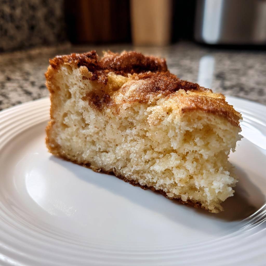 Close-up of a slice of cinnamon coffee cake on a white plate, perfect for April holiday dessert recipes.