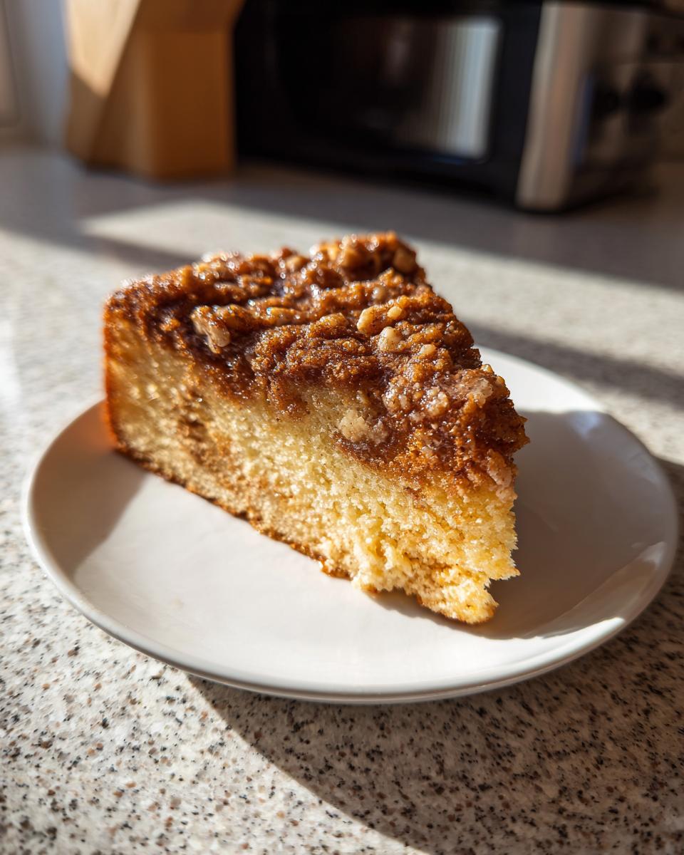 Close-up of a cinnamon coffee cake slice on a white plate, perfect Easter brunch dessert ideas