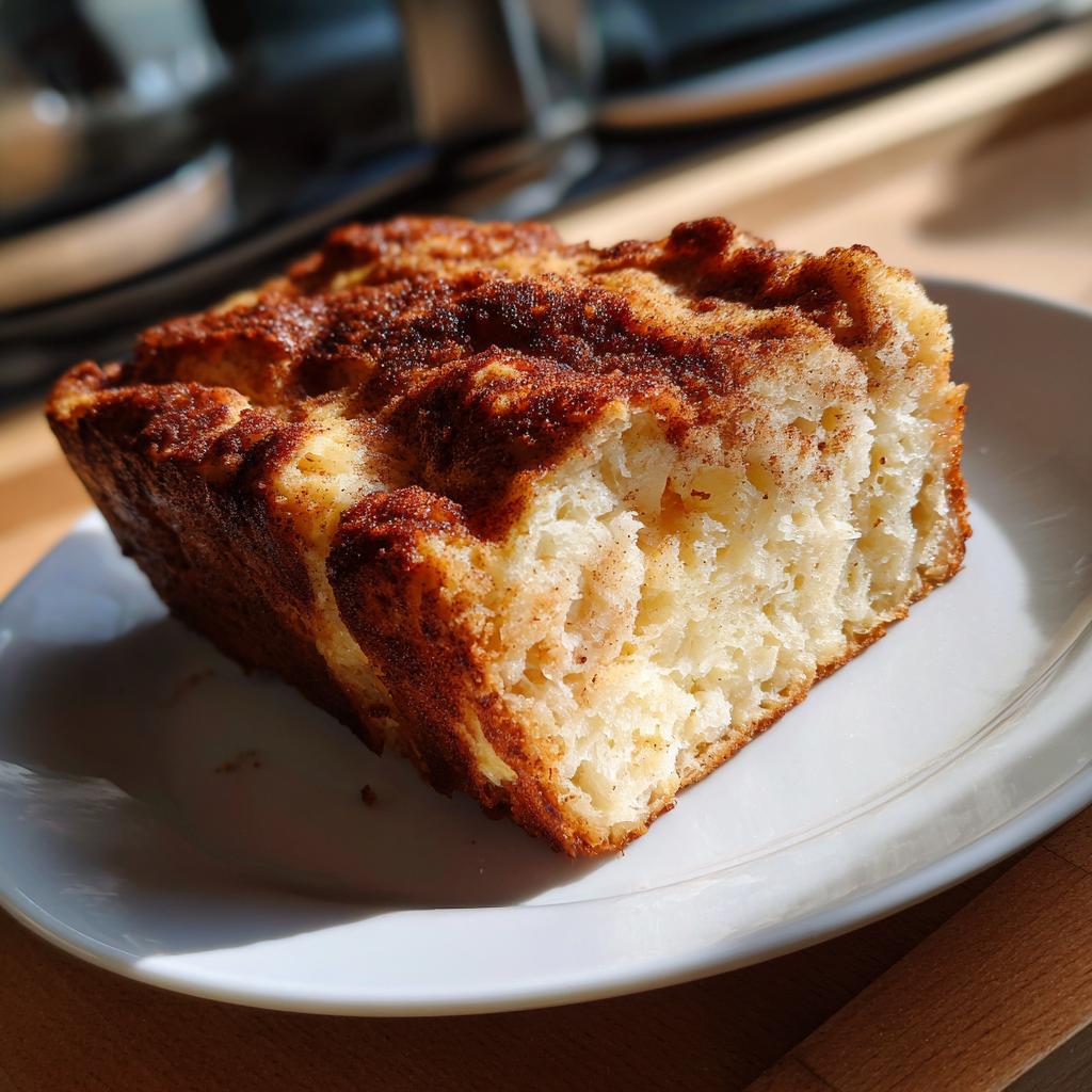 Close-up of a moist cinnamon coffee cake slice on a white plate, showcasing texture and cinnamon topping.
