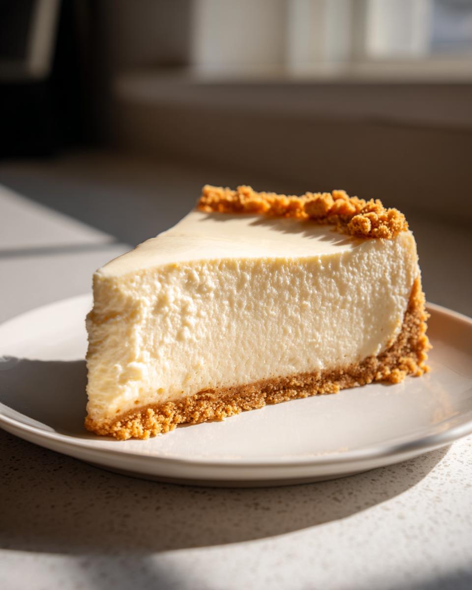 Close-up of a creamy slice of cheesecake with a graham cracker crust on a white plate.