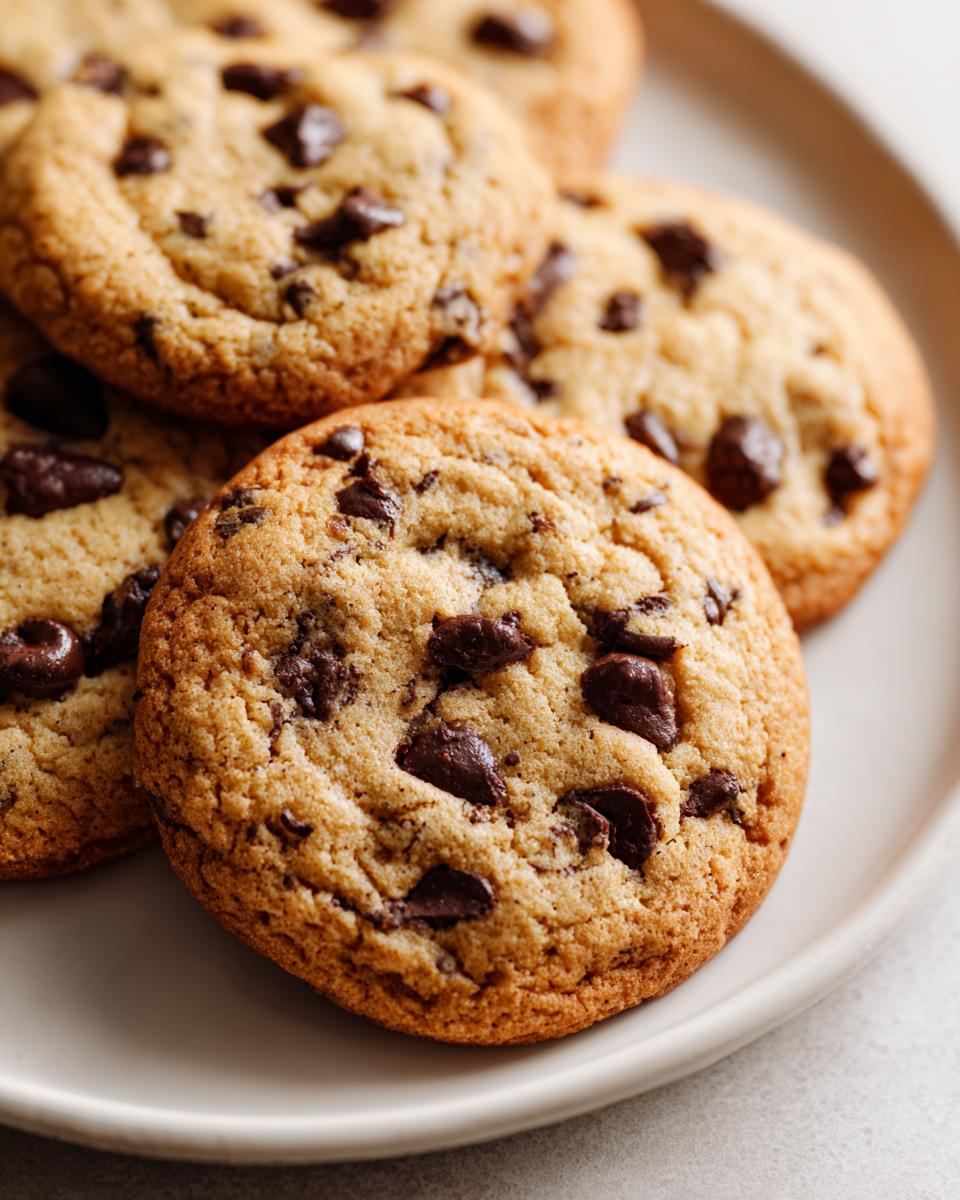 Close-up of classic chocolate chip cookies stacked on a white plate, perfect dessert recipes for a crowd